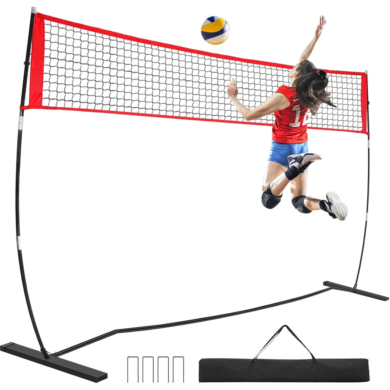 SAIVEINA 휴대용 배구연습 네트 세트 높이 조절 가능 서빙 스파이크 연습 배구 트레이닝 네트 실내 실외용 타격 및 서빙 드릴을 위한 휴대용 독립형 연습 네트, 1개, 레드 75,900원