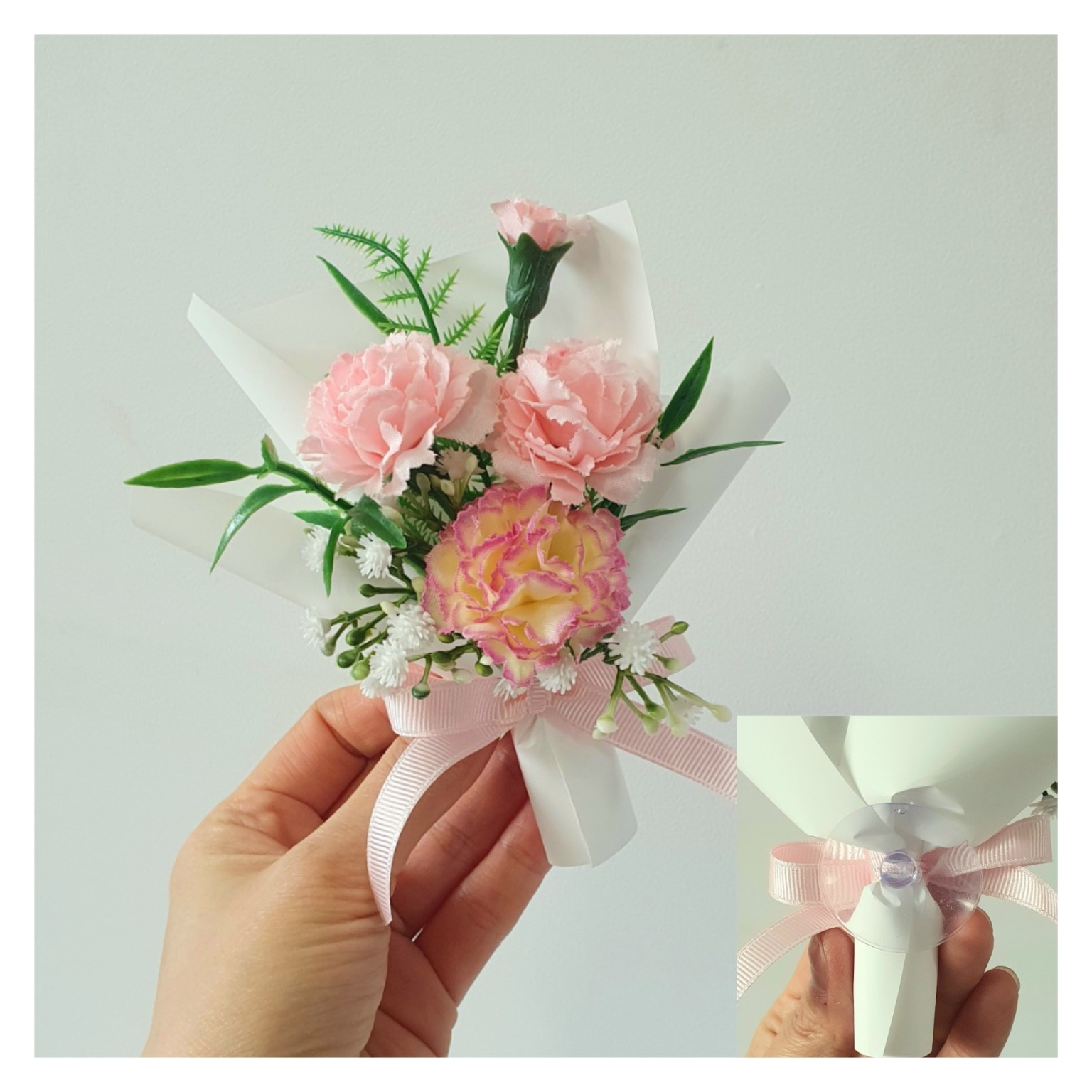 카네이션 납골당 미니꽃다발 조화 3컬러(큐방,양면테이프포함)추모 봉안당 조화 8,900원