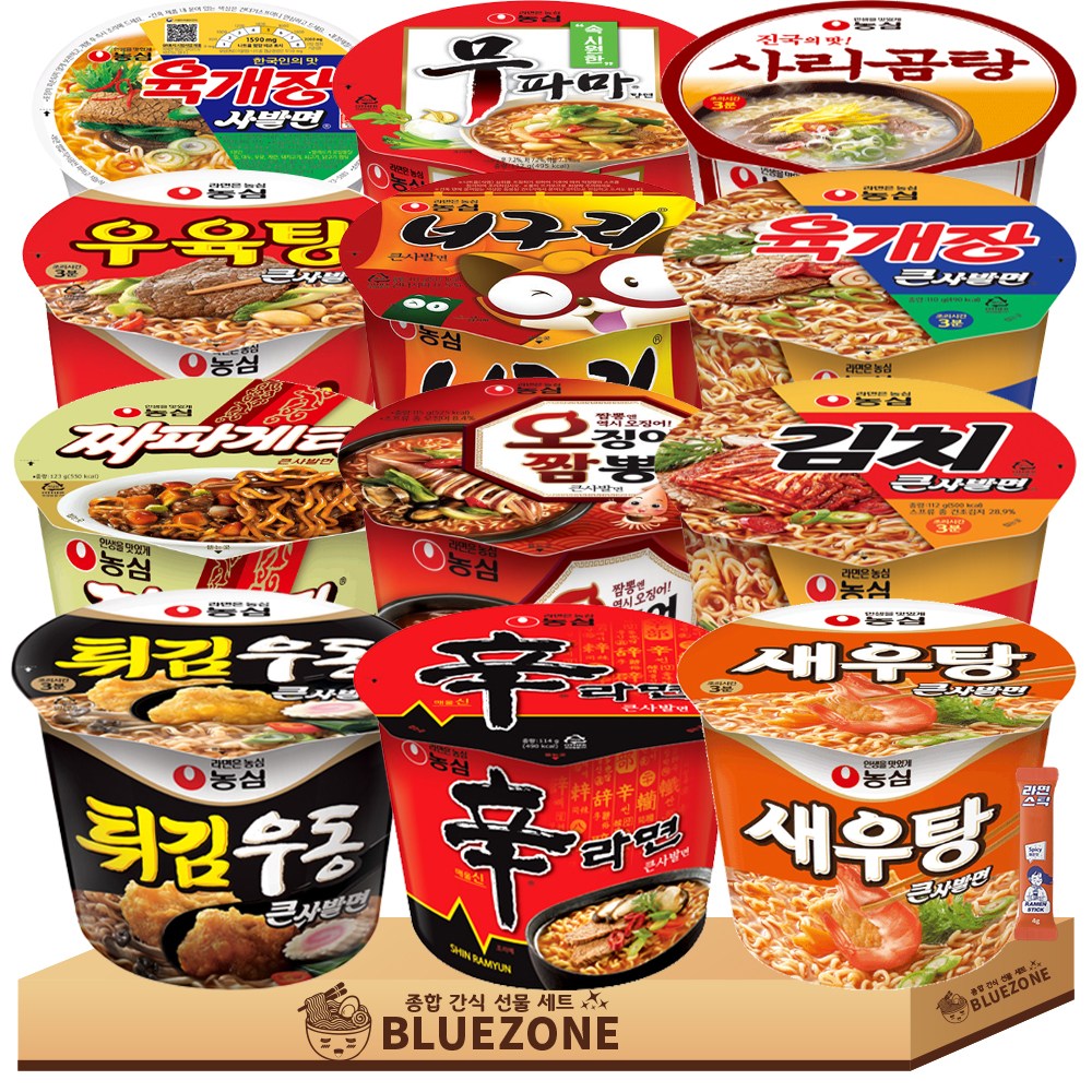 농심 용기 컵라면 세트 신라면 육개장 너구리 육개장큰사발 짜파게티 무파마 오징어짬뽕 새우탕 튀김우동 우육탕 김치큰사발 사리곰탕 라면스틱, 1박스 24,900원
