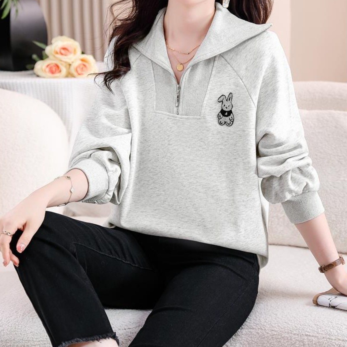 루스리더 여성 심플 카라넥 반집업 맨투맨 V39 41,000원