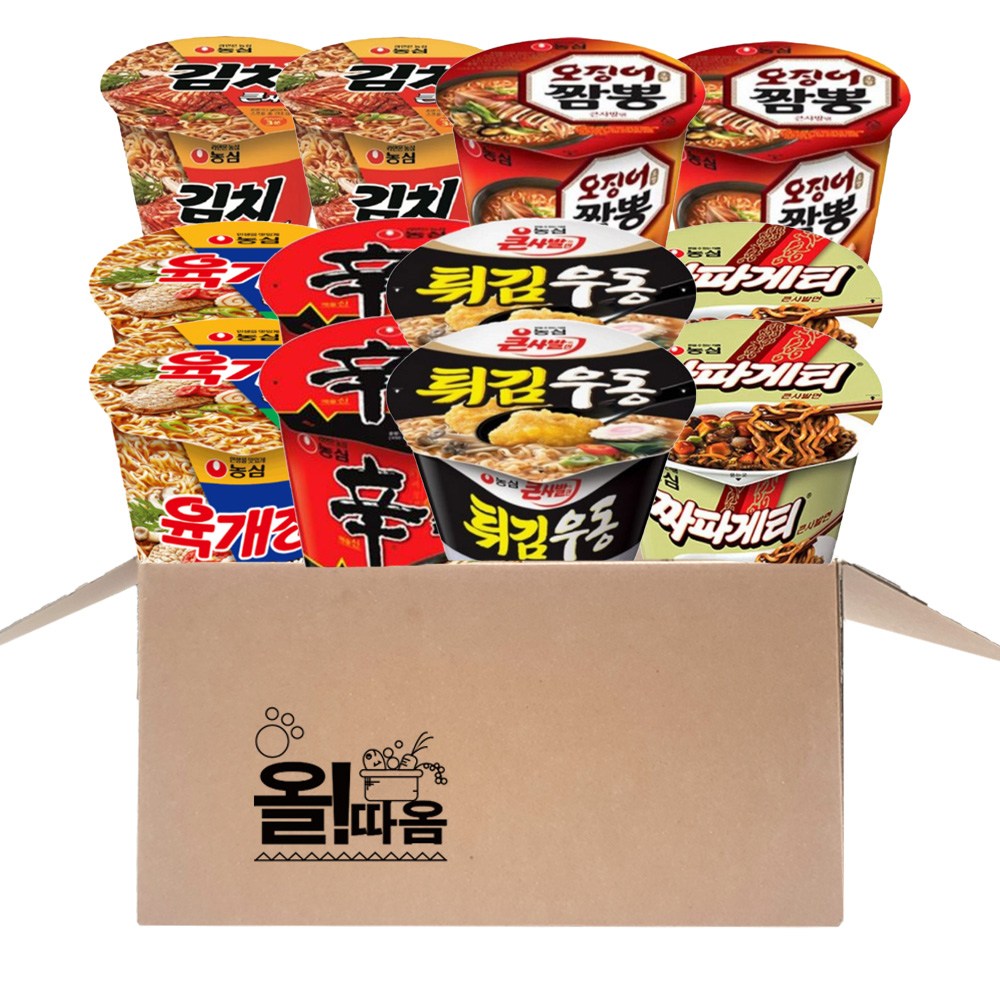큰컵라면 기획세트 6종 12개 1호(농심 신라면 튀김우동 짜파게티 육개장 오징어짬뽕 김치) 2개씩, 12개 23,980원