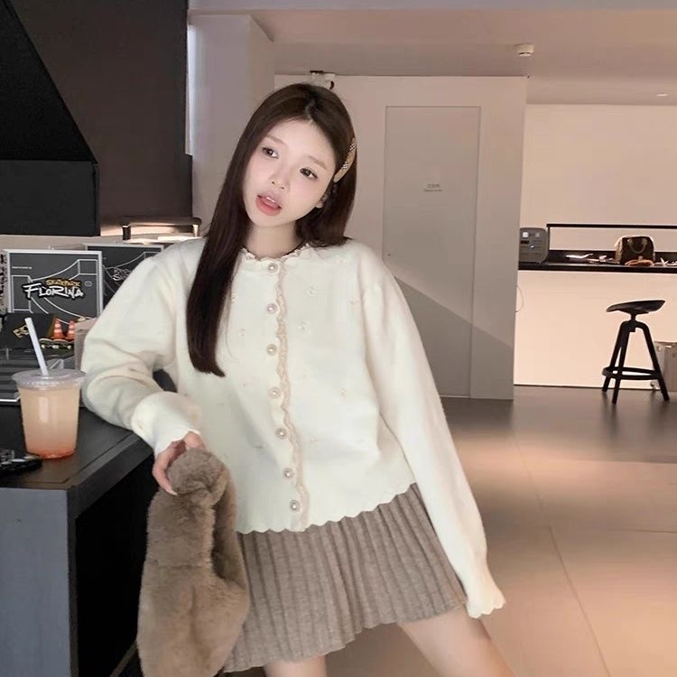 녕동 여성 레이스 니트 카디건 달콤한 자수 봄 루즈핏 진주 단추 니트 코트 26,200원