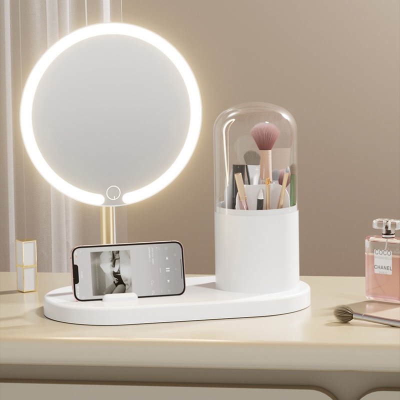 [CYLIFE] 충전식 2in1 탁상용 LED조명 화장거울 메이크업 브러시 수납형 LED 화장거울 휴대폰 거치대 각도조절 거울, 화이트, 1개 29,900원