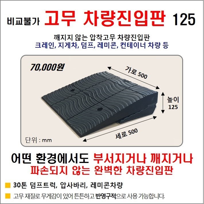 고무차량진입판(500x500x125)HK 깨짐 파손NO 고무차량진입판125 카업 차량진입판 방지턱 주차턱, 1개 69,990원
