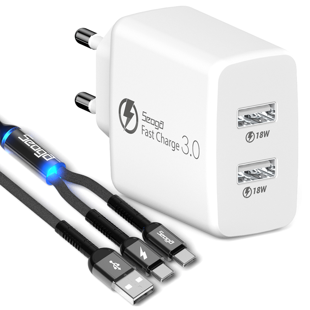 서가 36W 퀵차지 QC3.0 2포트 멀티 USB 고속 충전기 + 메탈 C타입 2in1 멀티 고속 케이블 1.2m 세트, 화이트(충전기), 다크그레이(케이블), 1세트 14,490원