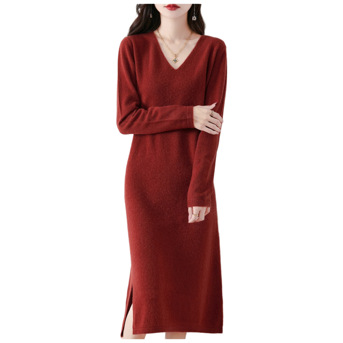 MINA STYLE 브이넥 원피스 니트 롱 옆트임 여성 긴팔 데일리룩 34,900원