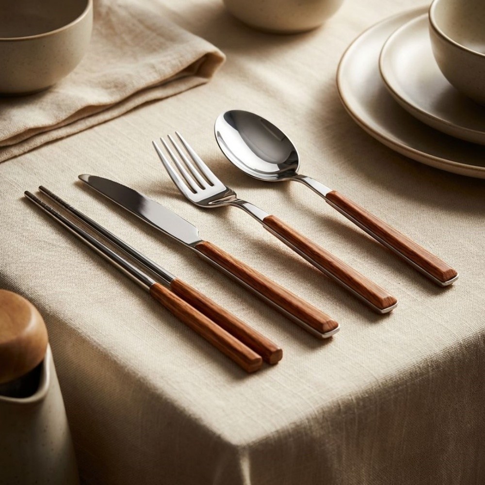 우드 핸들 커트러리 세트 스테인리스 숟가락 젓가락 포크 나이프 4종, 1개, 포크,나이프,숟가락,젓가락(4P), 우드 11,500원