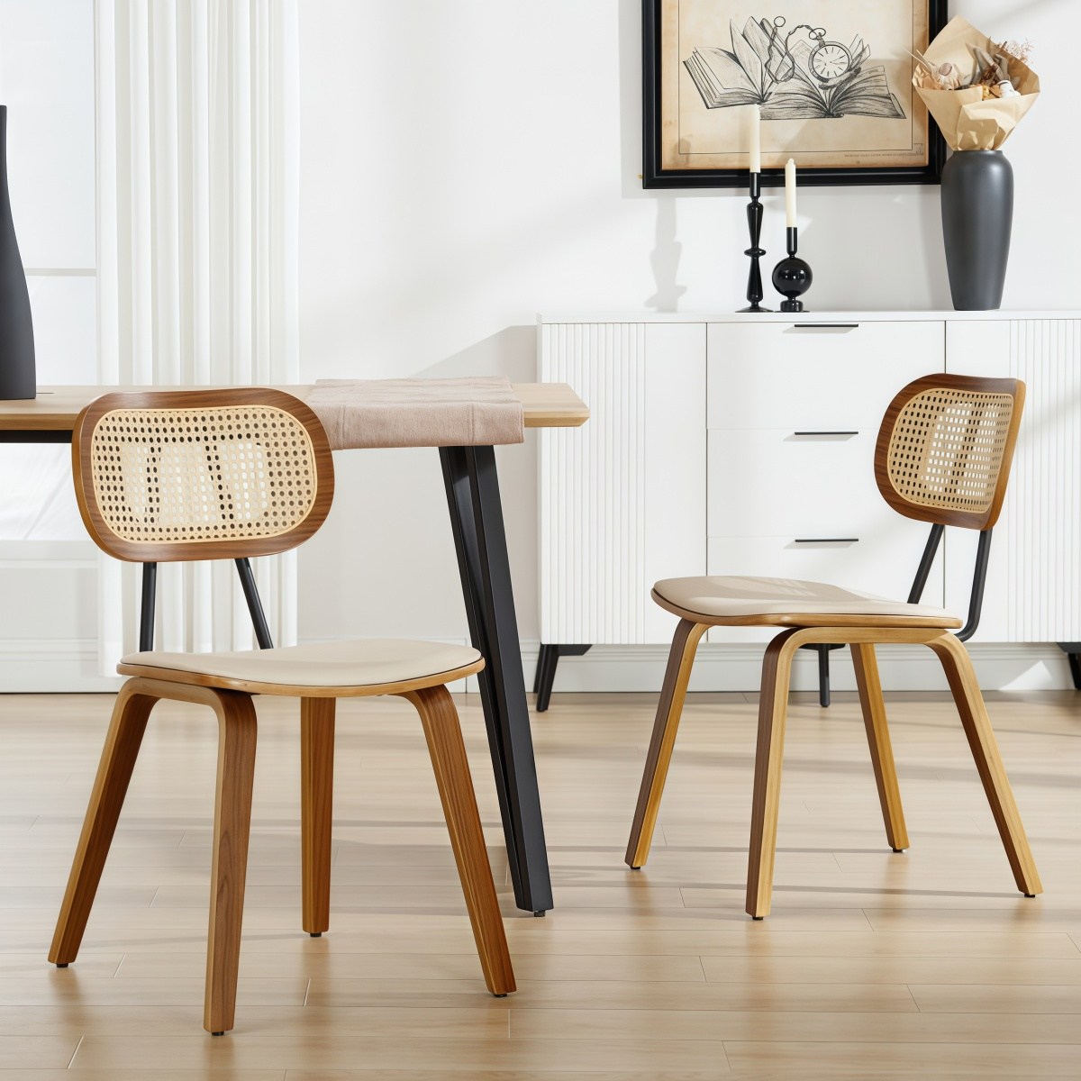 Dayalane 식탁의자 라탄 등받이 가죽 원목의자 카페 인테리어 편한 의자, 2개, 베이지 165,800원