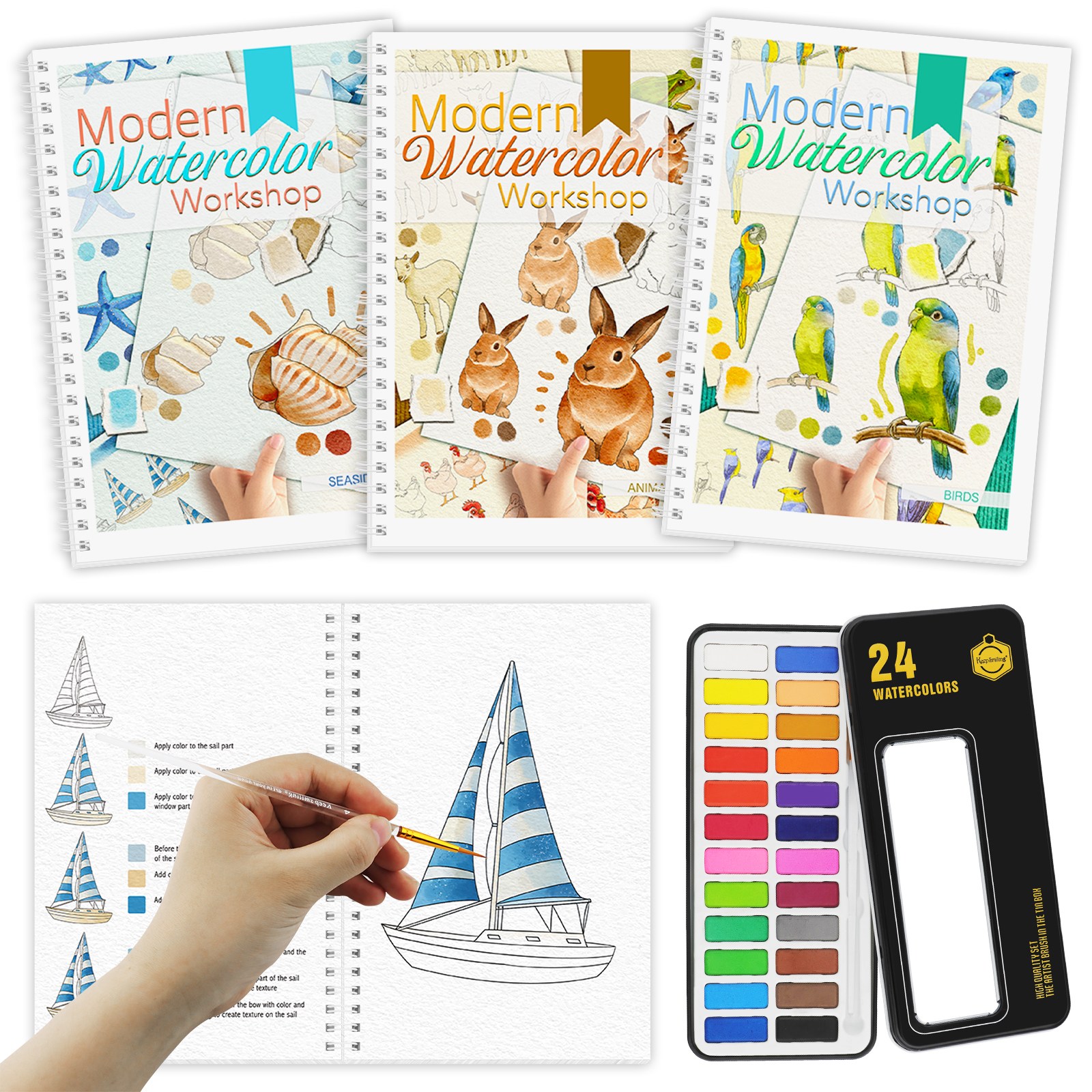 INCEROSE 수채화본 선물세트 초보자용 튜토리얼과 함께 간단하게 시작하는 수채화 세트+12/24색 수채화 물감, 3L, 24개 45,900원