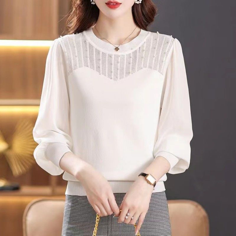 중년 여성 쉬폰 블라우스 봄가을 패션 패치 니트 얇은 티셔츠 캐주얼 기질 아이스 시크 남방 상의 LJX 20,460원