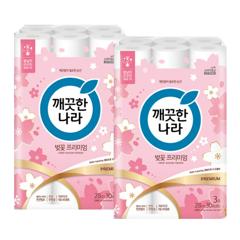 깨끗한나라 벚꽃프리미엄 롤화장지 3겹 28m 30롤 2팩 28,200원