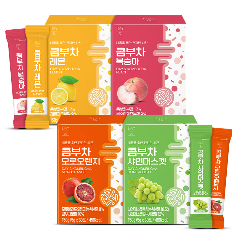 참앤들황토농원 데이앤 콤부차 복숭아 5g x 30p + 레몬 5g x 30p + 샤인머스켓 5g x 30p+ 모로오렌지 5g x 30p 세트 29,050원