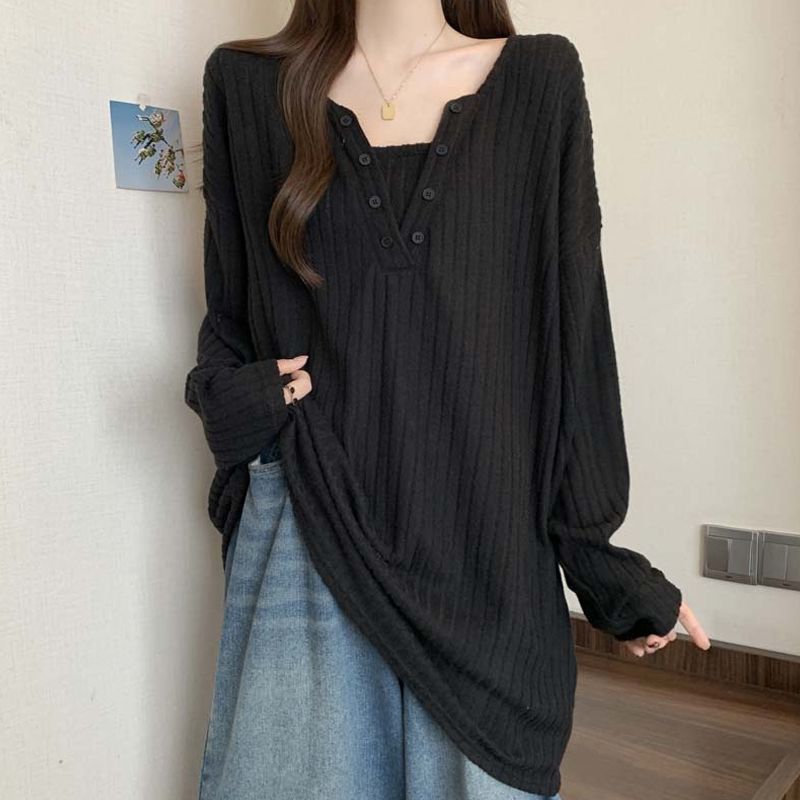 QEWBG   골지 V넥 여성 가을겨울 긴팔 티셔츠 루즈핏 롱 상의 23,300원