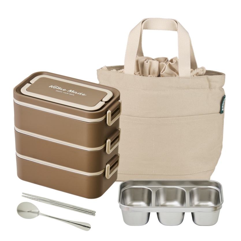 잔디반디 3칸스텐 직장인 3단 스텐 도시락통 전자레인지 가능 도시락 국통 수저세트 가방포함 49,900원