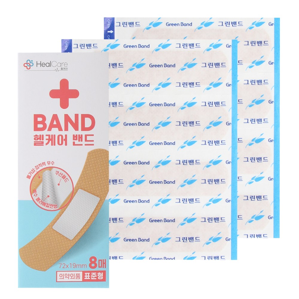 소확행몰 판촉물 홍보용품 가능 상처보호 반창고 헬케어 표준형 그린밴드, 10개, 8개입 3,000원