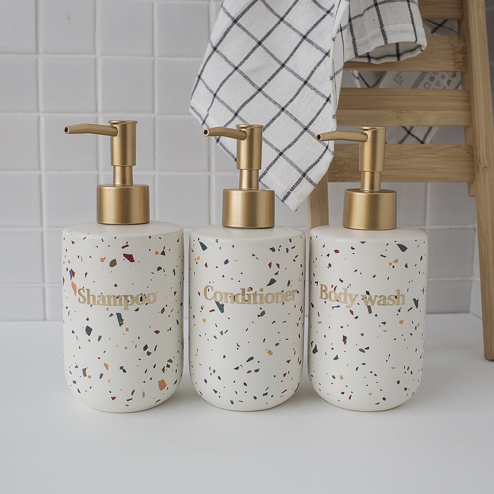 홈스토킹 도자기 욕실 디스펜서 370ml 테라조 골드 샴푸,컨디셔너,바디워시 3p 1SET 36,900원