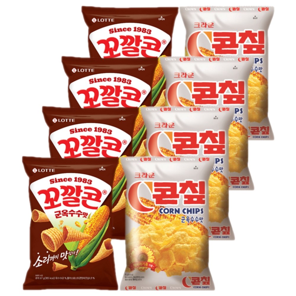 롯데 크라운 스낵모음 꼬깔콘 군옥수수 72gx4개+C콘칩 70gx4개 (총8개), 1세트, 568g 10,980원