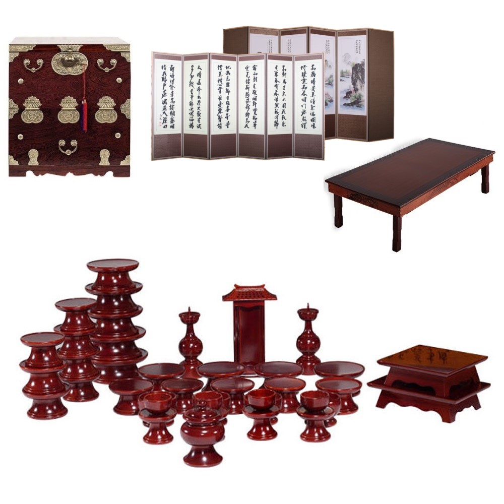 패키지 문화재 오리목 제기 39p + 남원 오동나무 앞닫이 제기함 + 남원목기공예 옥비단 산수화 추사한시 6폭 병풍 + 남원 춘향골 직교자상 80-120 779,000원