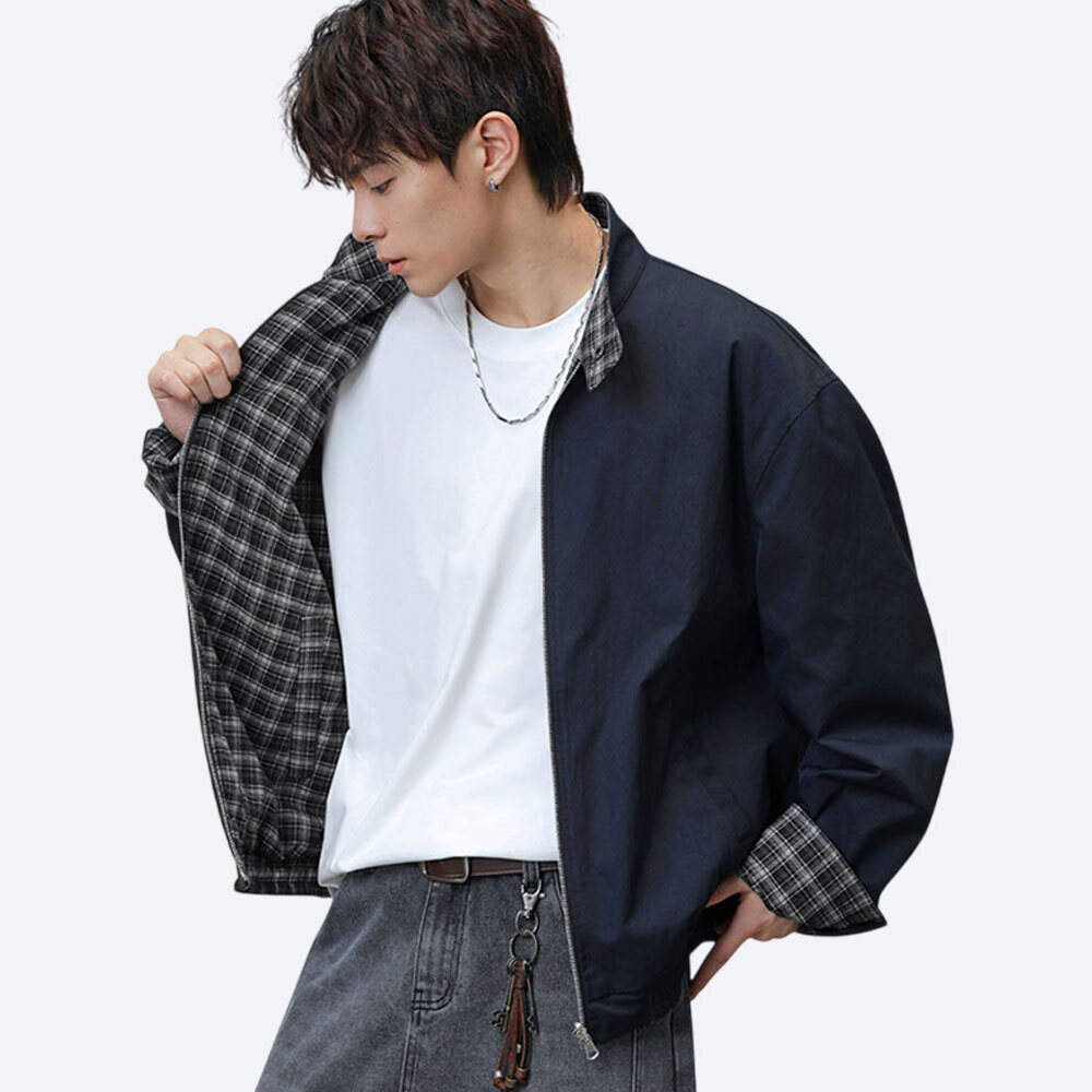 에치케이 남성 오버핏 체크 배색 리버시블 자켓 양면 활용 블루종 점퍼 하이넥 밴딩 루즈핏 집업 캐주얼 데일리룩 39,900원