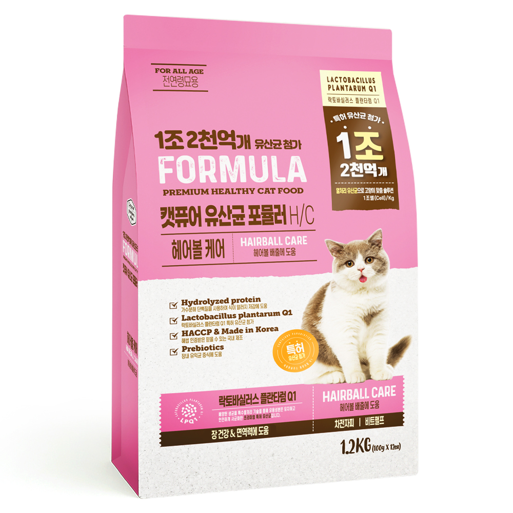캣퓨어 고양이 유산균 포뮬러 기능성 사료, 헤어볼+장건강, 1.2kg, 1개 16,900원