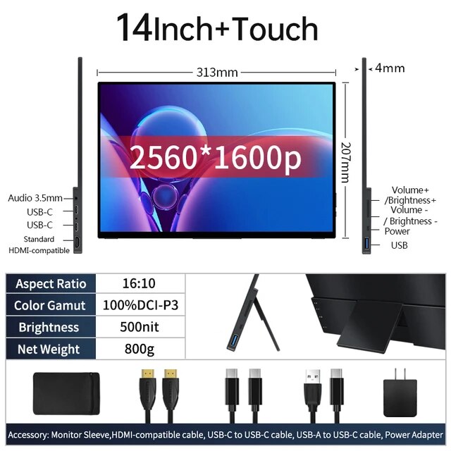 노트북듀얼모니터 VCHANCE PC Xbox Switch ps5 Mac 호환 휴대용 14 인치 2560x1600p 16:10 100% 185,000원