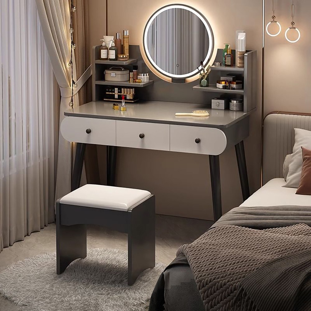 침실 600/800/1000 입식 서랍 수납 LED 거울 화장대, 그레이+LED 거울(+의자A), 현재가 138,000원