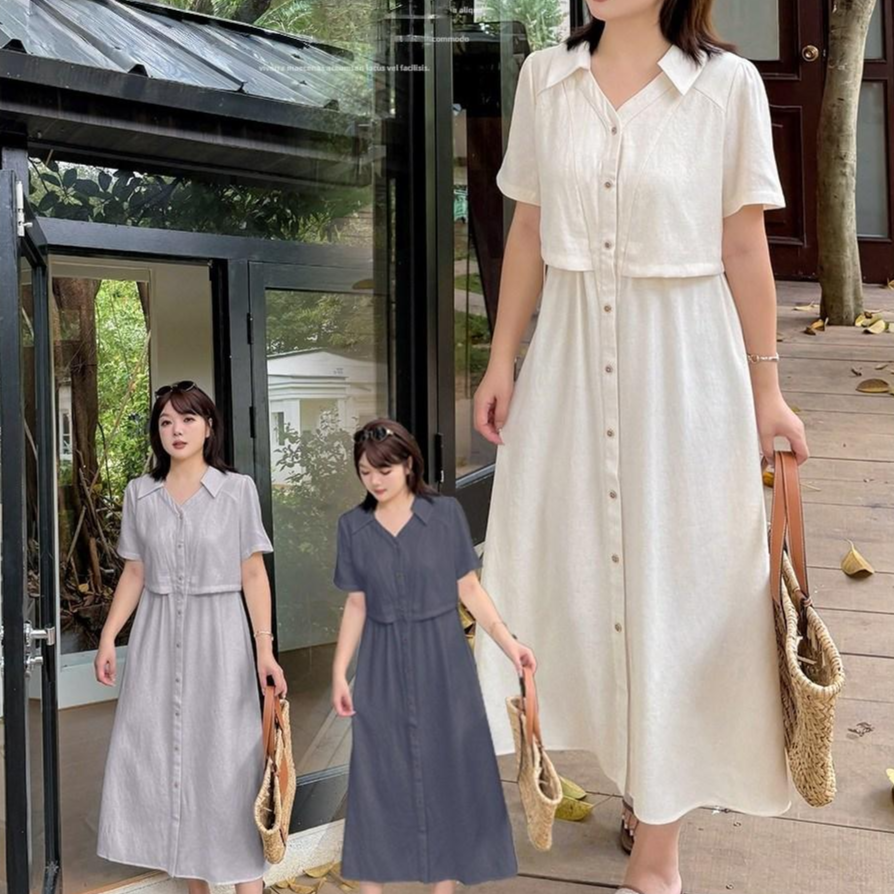 마샹스 [빅사이즈/120kg가능] 면마 셔츠형 롱 원피스 여름 반팔 루즈핏 데일리룩 43,500원