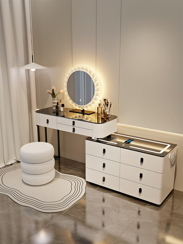 조명화장대 거울 수납 서랍 확장형 블루투스 충전 터치 LED, 1.2m 블랙+거울+페탈 의자 502,300원