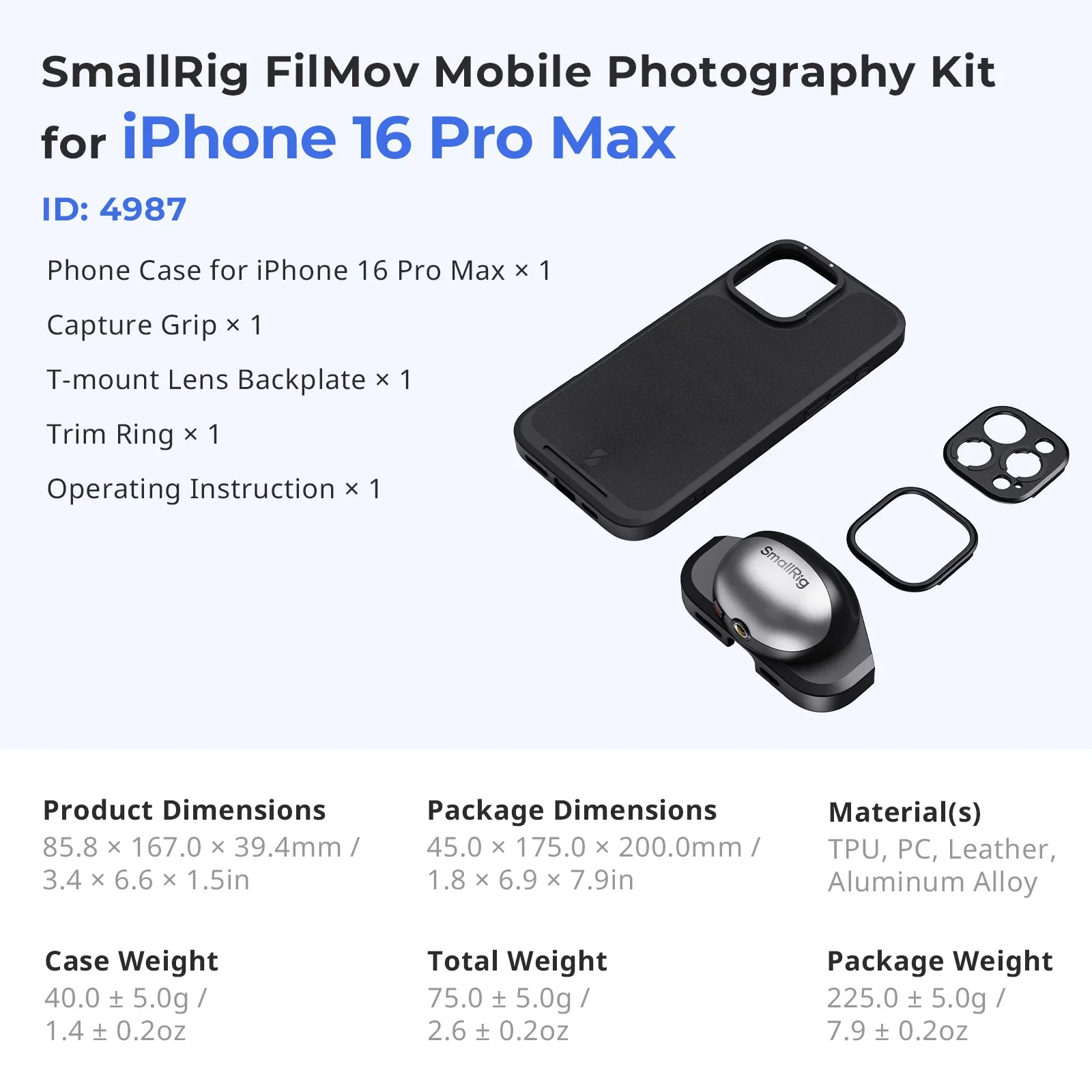 iPhone 16 Pro Max용 CapGrip이 포함된 SmallRig FilMov 경량 사진 케이지는 전화 렌즈를 설치할 수 있습니 75,000원