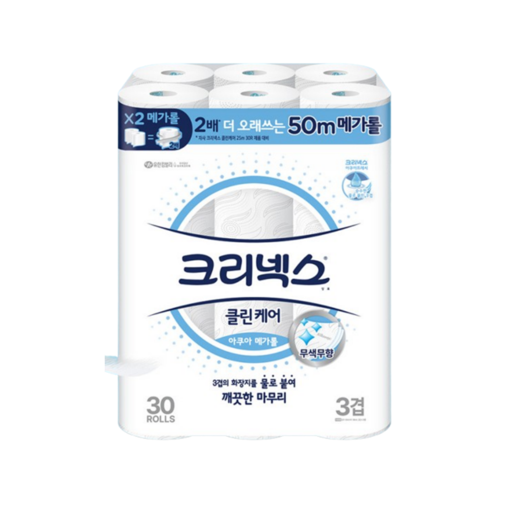 .크리넥스 3겹 클린케어 아쿠아 메가롤 50m 30롤 49,800원