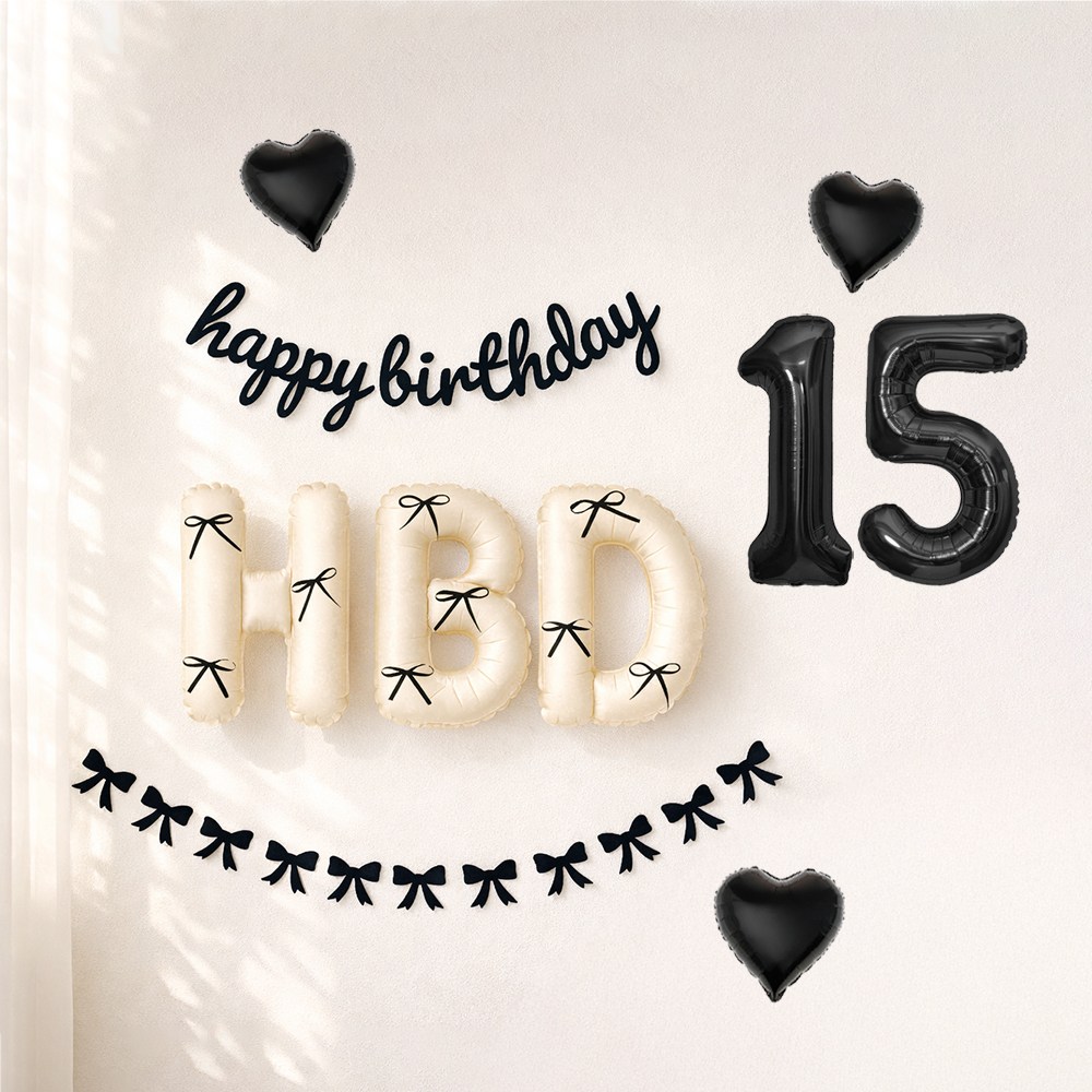 해피제이니 HBD 이니셜 생일 호일풍선 블랙 리본 생일가랜드 파티용품 세트, 1세트, 크림풀세트 숫자15 14,900원