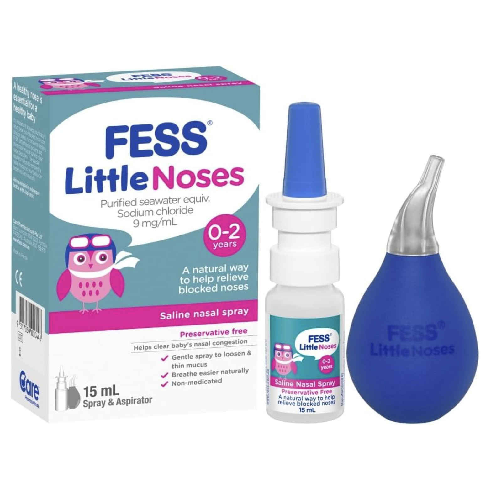 호주 신생아페스리틀 노우즈 식염수 스프레이, 흡입기 세트  Fess Little Noses Saline Nose Spray + Aspirator 15ml 28,000원