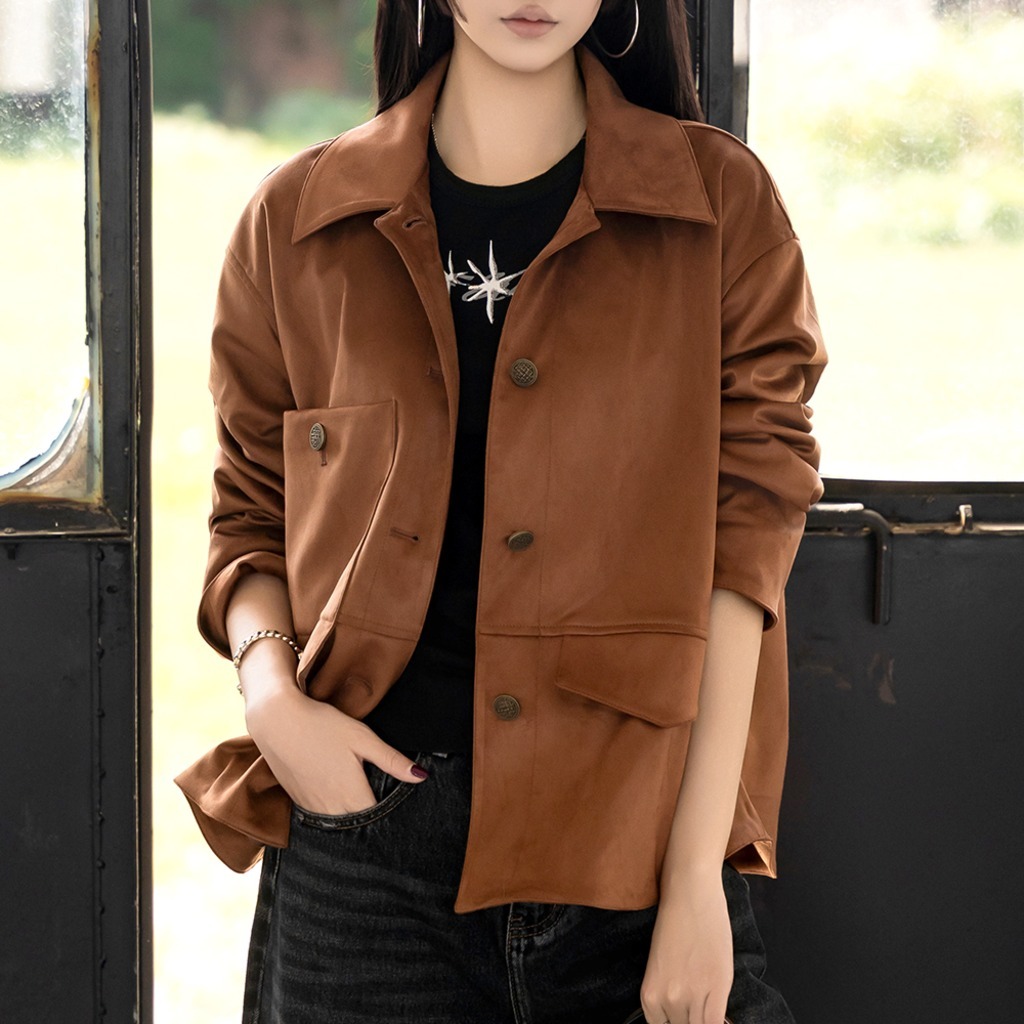 카멜 스웨이드 자켓 루즈핏 스퀘어카라 비대칭 포켓 싱글버튼 데일리 아우터 68,000원