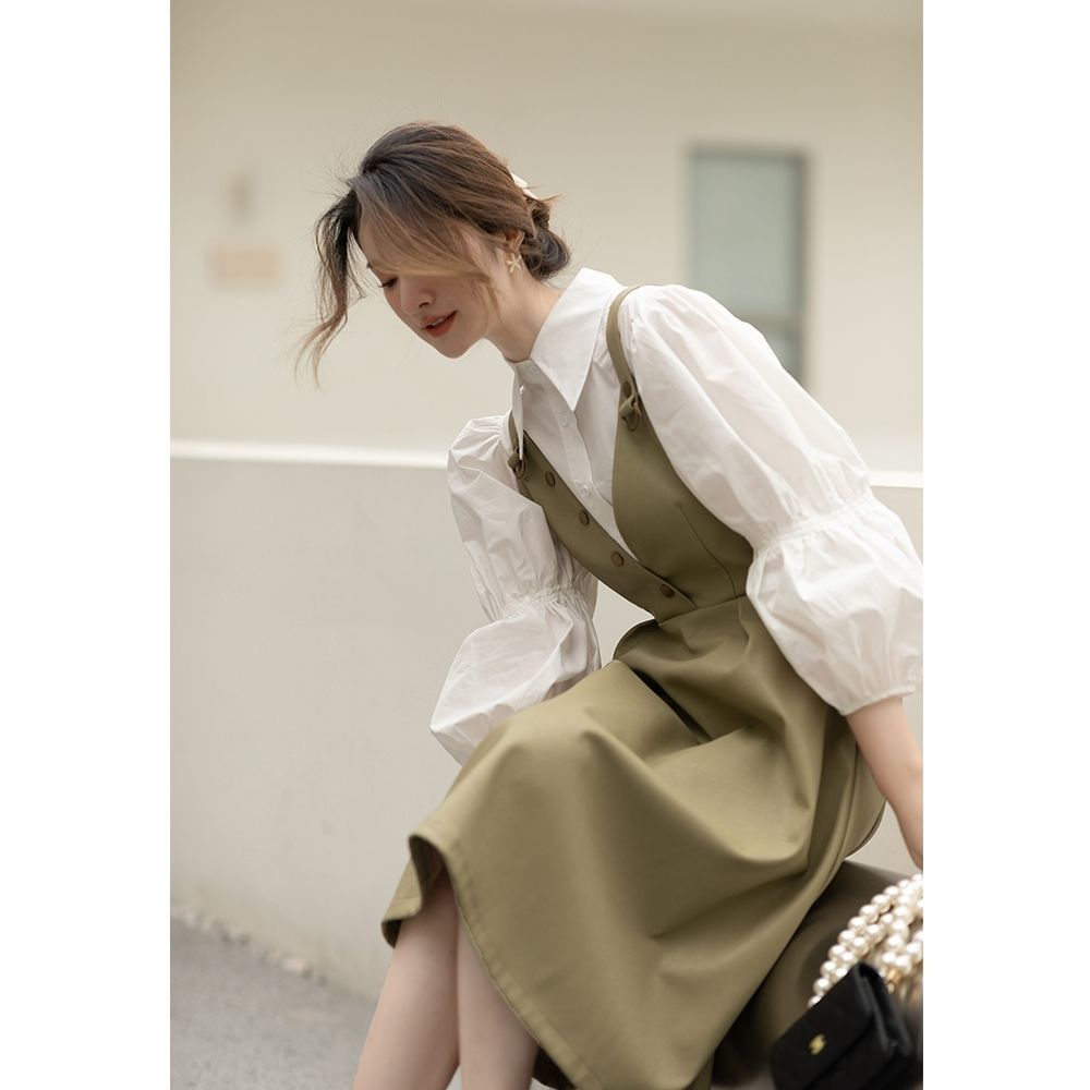 COSYEVNO 봄가을 여성 멜빵 원피스 세트 셔츠 미디 스커트 투피스 35,700원