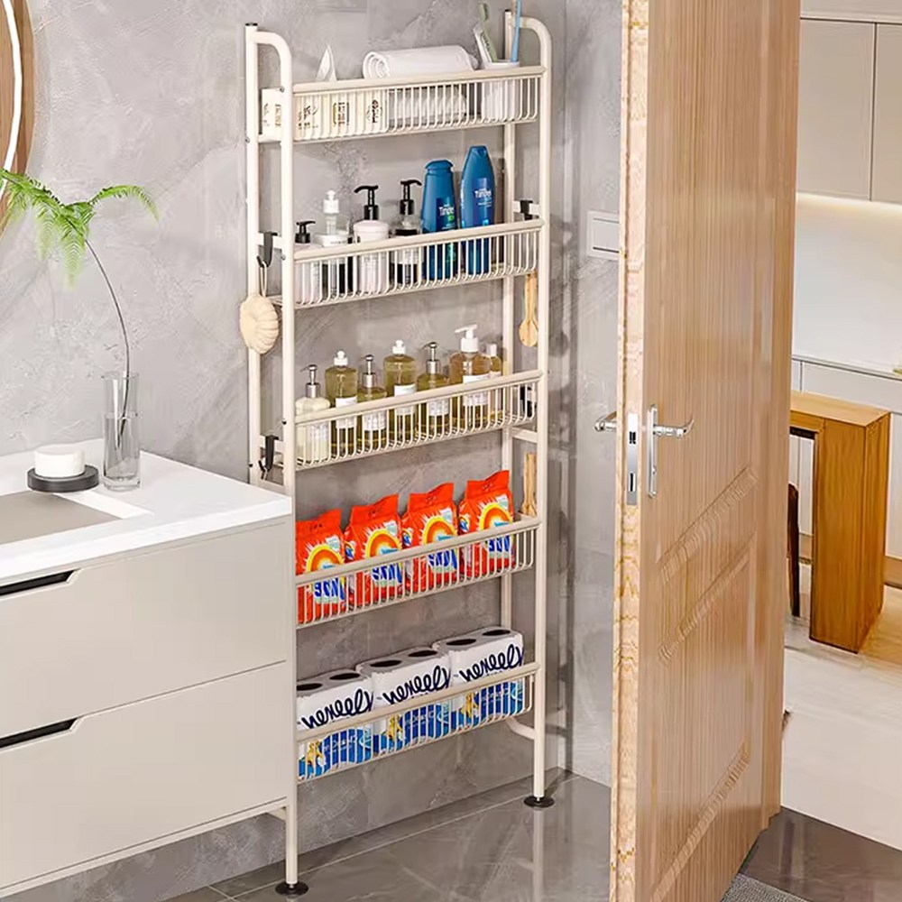 수수보따리 무타공 문뒤 수납 선반 공간활용 틈새선반 5단 다용도수납 정리함 스탠드선반 소품걸이, 아이보리, 1개 42,500원