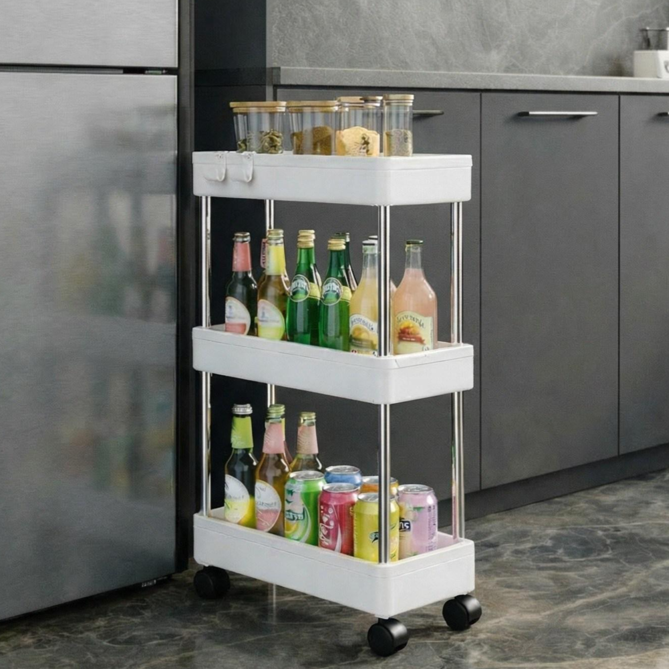 폭12.5cm 라운드데이 스텐프레임 이동식 트롤리 틈새수납장 3단/4단, 화이트 22,100원