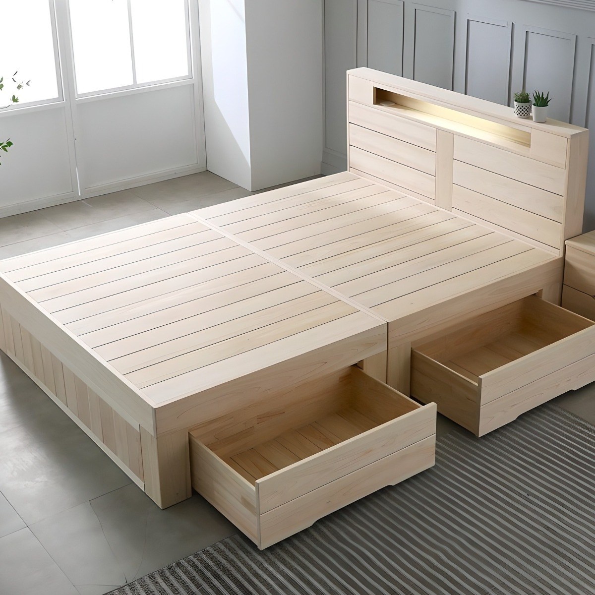 [편백마리] 편백나무 통원목 무절 LED헤드 평상형 슈퍼싱글 퀸 침대 P-BE-068, 원목 1,313,000원