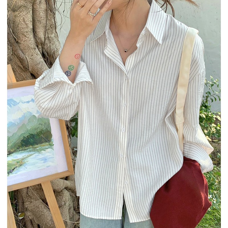 허블리 여성 루즈핏 스트라이프 롤업 린넨 긴팔 셔츠 19,500원