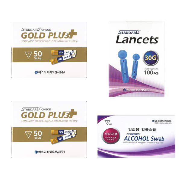 에스디바이오센서 스탠다드체크 골드플러스 혈당시험지 혈당측정검사지 100매+SD채혈침100개+SD알콜솜100매 SW 25,900원