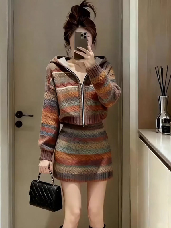 여성 가을겨울 슬림핏 니트투피스 스트라이프 가디건과 펜슬스커트 세련된 스타일 데일리 캐주얼룩 36,900원