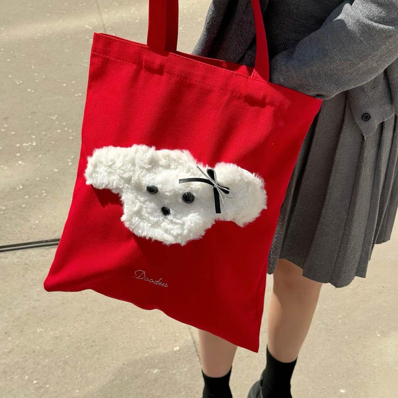 수제 플러피 강아지 캔버스 토트백, 강아지 초상화 토트백, 강아지 엄마를 위한 선물, 여성용 여행 가방 32,600원