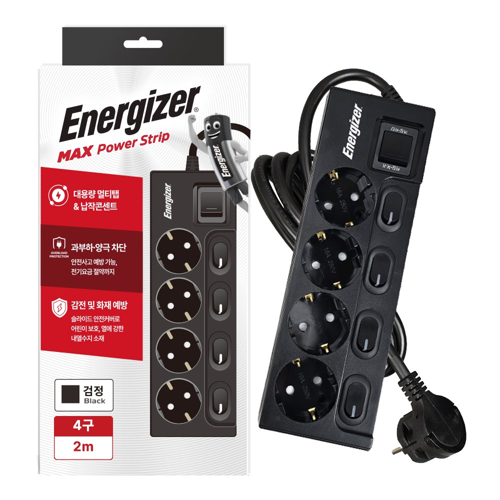 에너자이저 개별스위치 멀티탭 고용량 4구 납작플러그 과부하차단 16A, 블랙(개별스위치 4구), 1개, 2m 29,700원