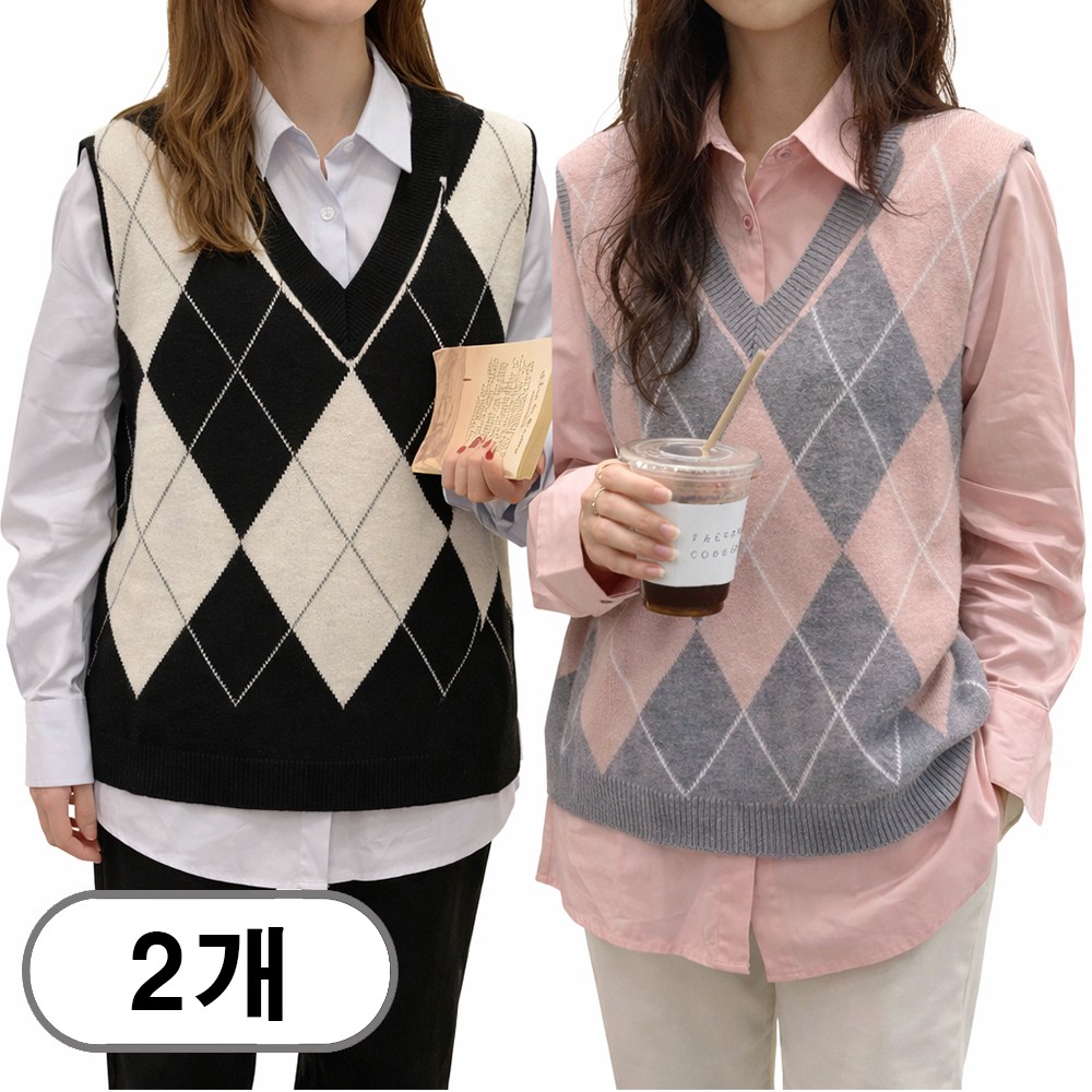 차쿠 여성 아가일 니트조끼 브이넥 레이어드 배색 체크 니트 조끼 1+1 31,800원