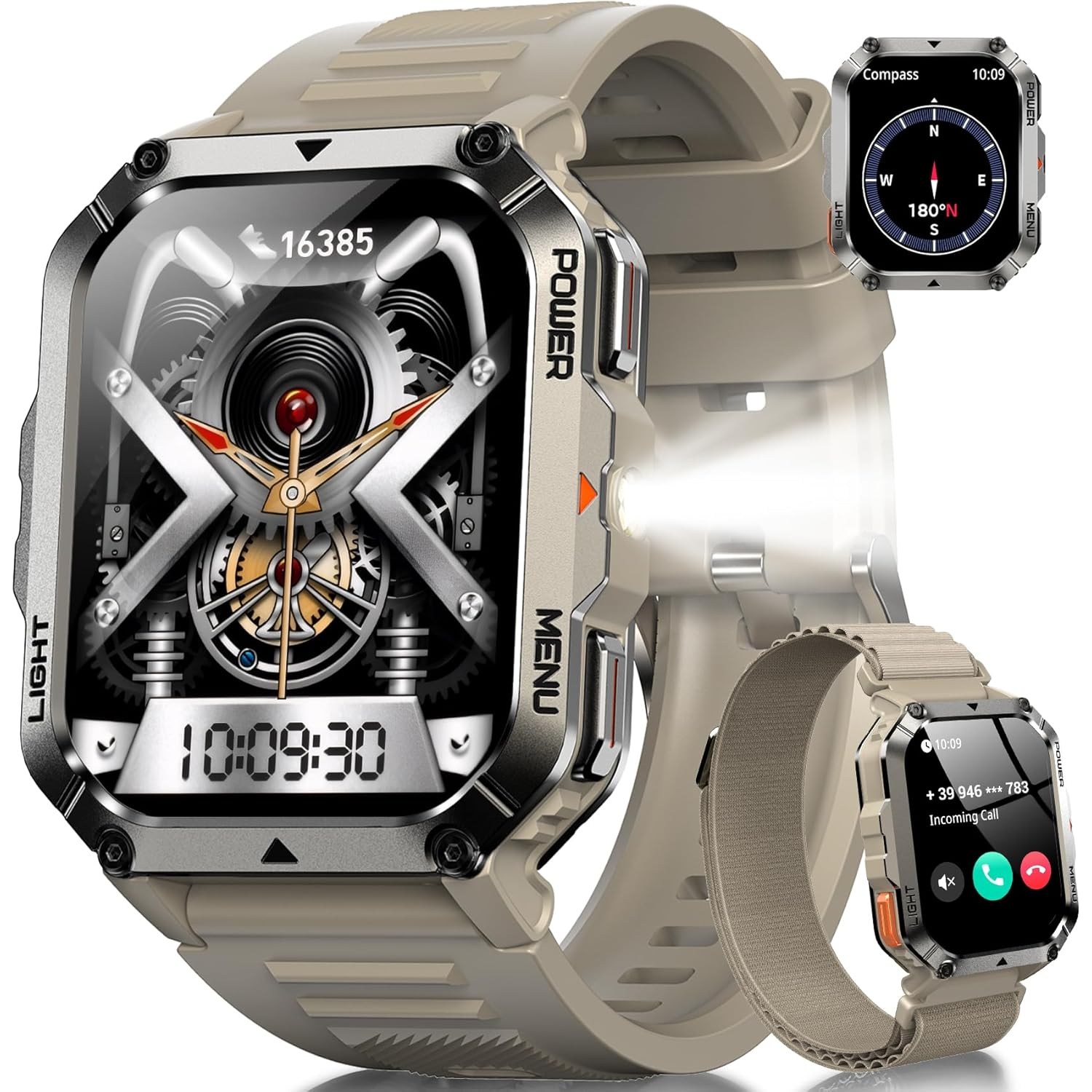 IOWODO 아웃도어 스마트워치 나침반 손전등 SOS기능 등산 러닝 하이킹 탐험 2.01인치 IP68 방수 발렌타인데이 선물, 블루투스, 4.1cm, 카키색 68,900원