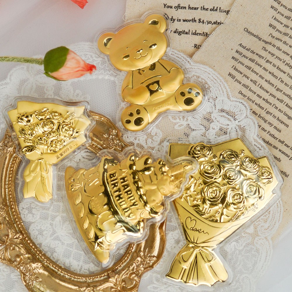 바이썰틴 순금 999 미니 모양 골드바 0.1g 0.2g 0.3g 투자 금괴 금테크 결혼 퇴직 생일 부모님 기념일 어버이날 환갑 칠순 선물 꽃다발 곰돌이 케이크 골드바 콩알금 99,000원