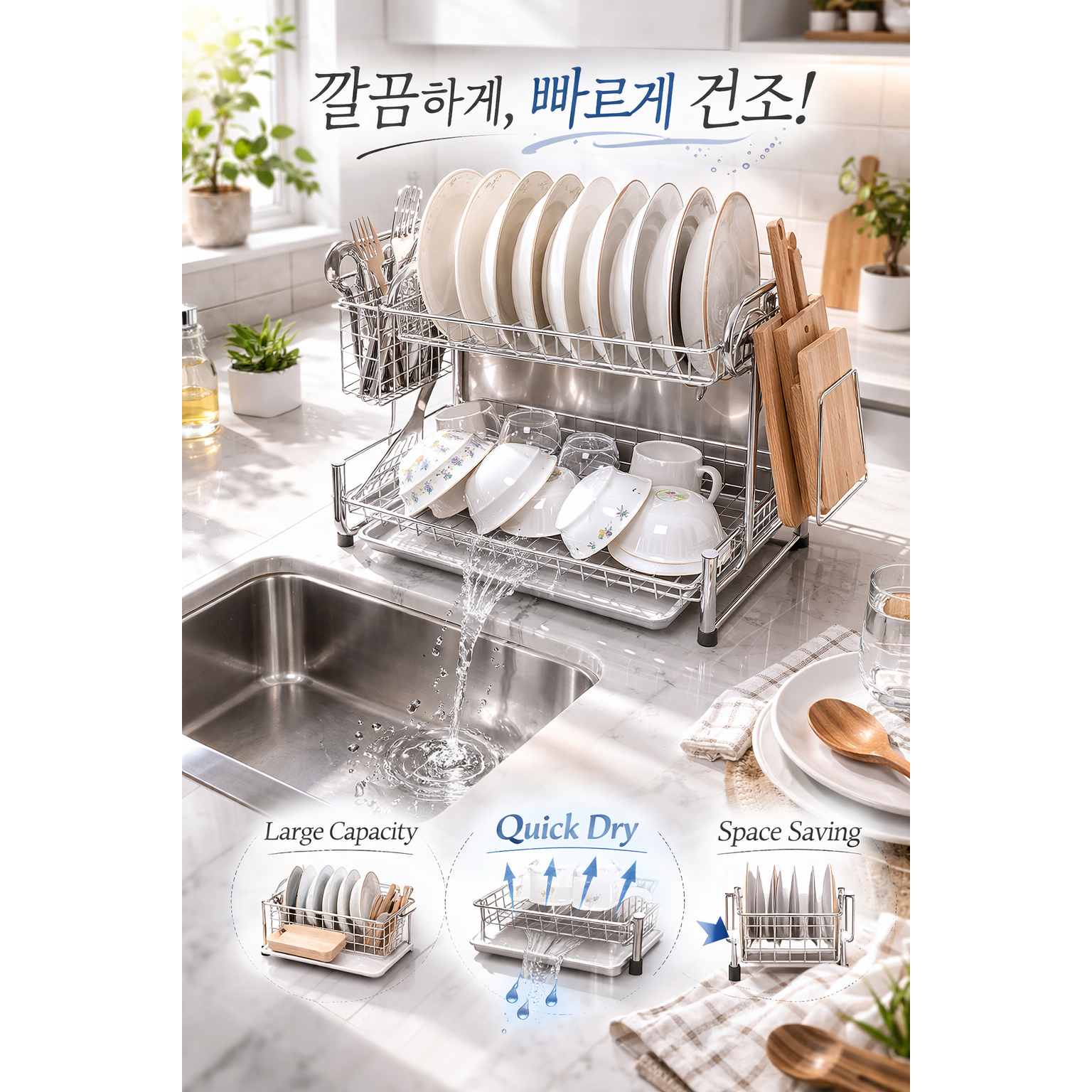 벨로나 자동물빠짐 위생적인 스테인리스 식기건조대 2단, 스테인리스, 1개 20,900원