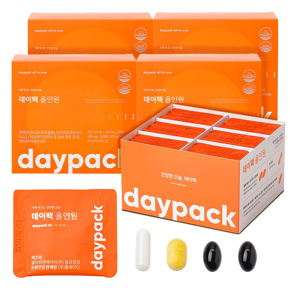 데이팩 올인원 멀티팩 유산균+오메가+루테인+멀티비타민+미네랄, 30회분, 4개 169,000원