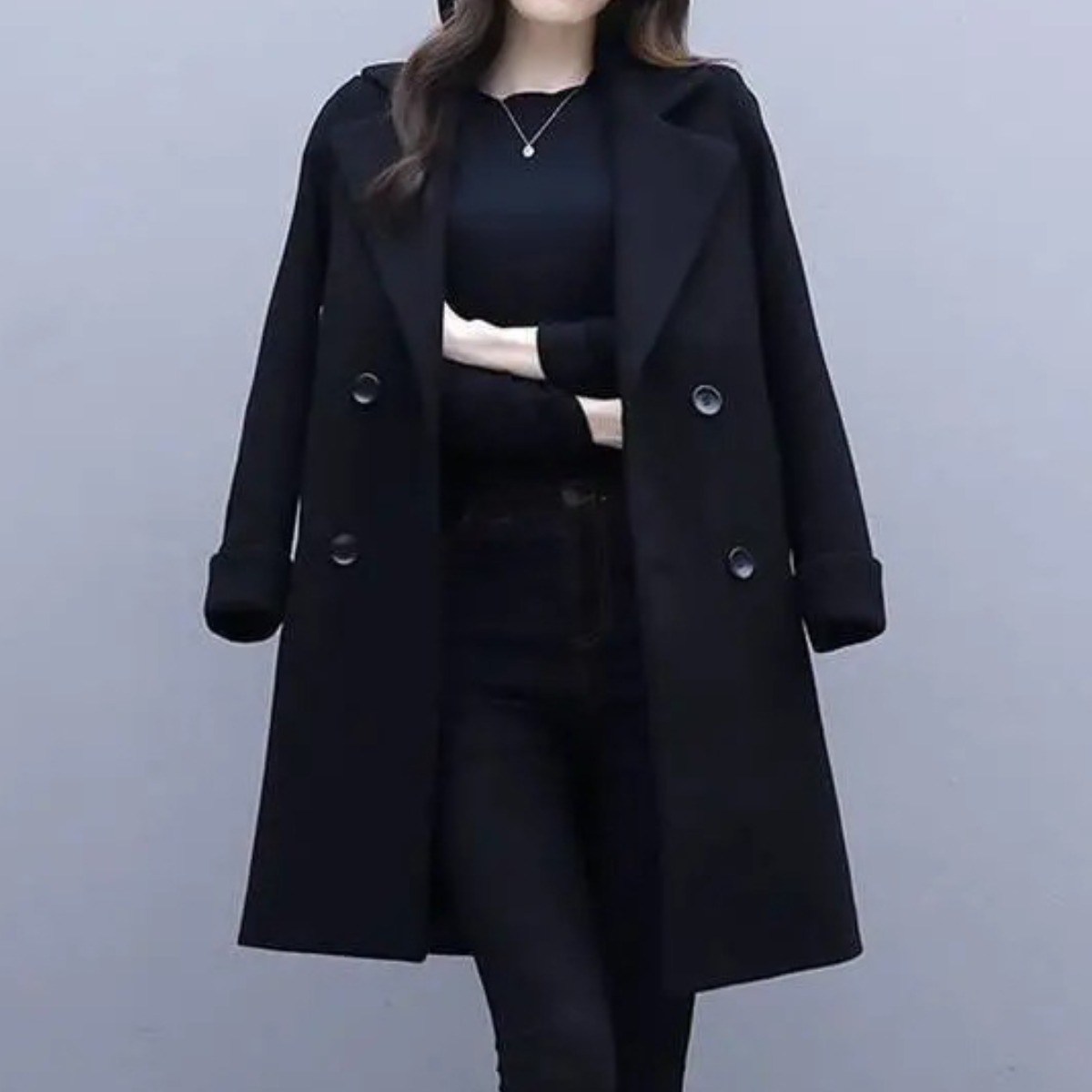 봄 가을 코트 심플 샤프트 울 코트 두툼 헵번 스타일 포켓 탑재 여성 블랙 슬림 미디 길이 더블 버튼 트렌치 코트 빅사이즈 29,800원