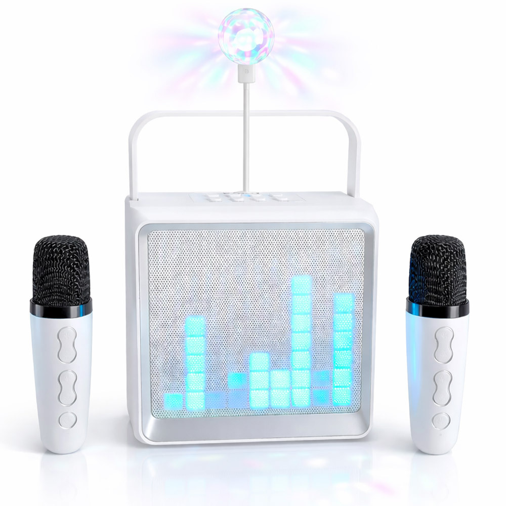 [고출력] 머레이 가정용 노래방 기계 휴대용 블루투스 스피커 듀얼 마이크 기기 세트 led 미러볼, 화이트 + 미러볼 1개 59,000원