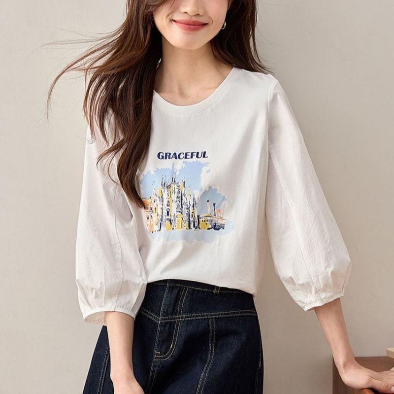 Makone 여성 티셔츠 라운드넥 캐주얼 패션 프린트 7부소매 심플 26,900원